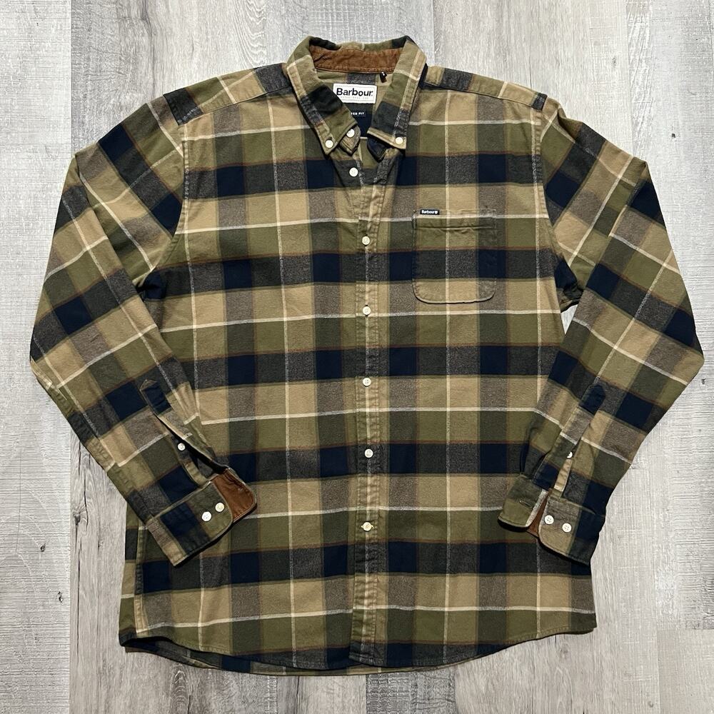 Barbour Flannel Shirt Tailored Shadow Tartan Plaid Button Shirt Corduroy Trim L